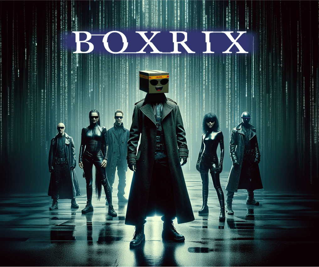 Boxie, DHL eCommerce's mascot, in full-on Matrix costume