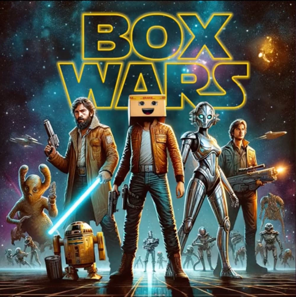 Tik-Tok Video-Kampagne für DHL eCommerce: Nachgeamtes Kinoplakat für den Film Star Wars mit Boxie als Kopf des Helden in der Mitte