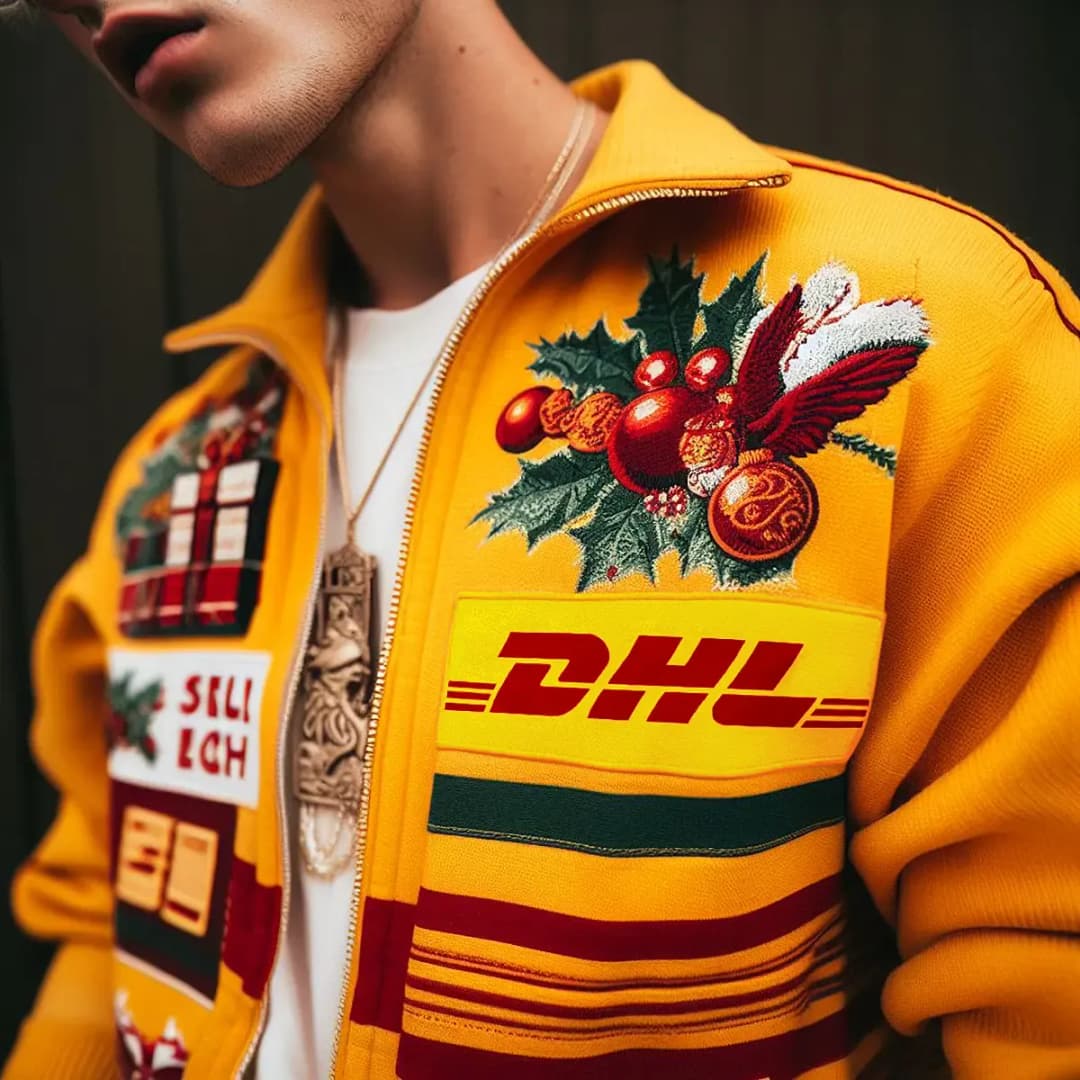 Ein Mann trägt eine Trainingsjacke in DHL Gelb mit dem DHL Logo.