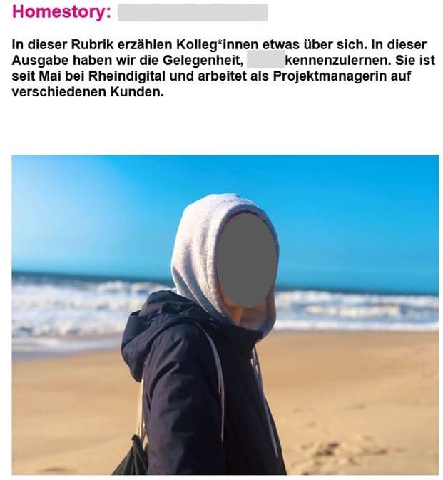 Mitarbeiter-Newsletter: Die Homestory stellt als fester Bestandteil jeder Ausgabe eine*n Kolleg*in in Form eines persönlichen Interviews mit Foto vor.