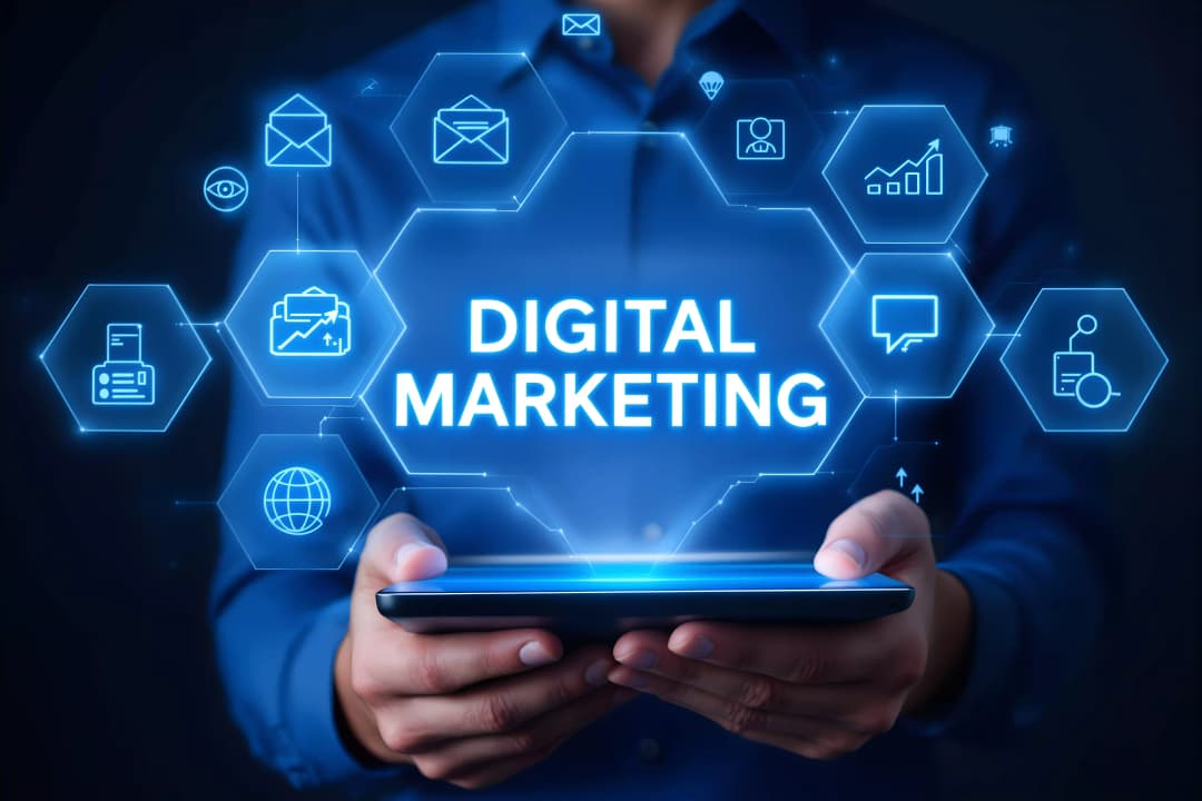 Visualisierung von Digital Marketing: Person mit Tablet, umgeben von Icons zu Online-Kommunikation, Analyse und Content-Strategie – Rheind