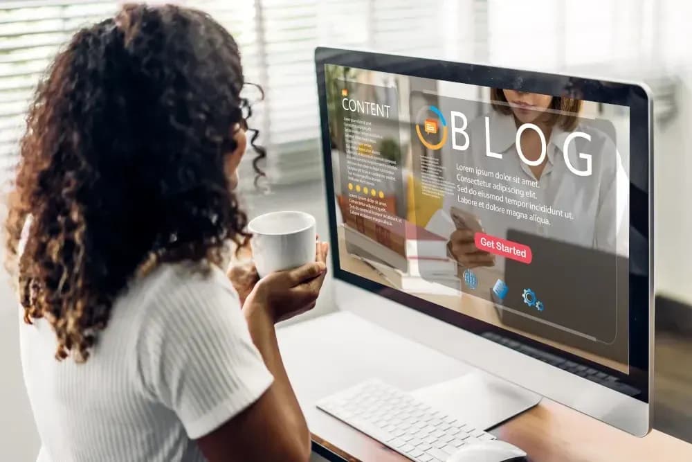 Frau mit Kaffeetasse vor einem Computer, auf dem ein Blog mit Content-Marketing-Elementen angezeigt wird – Symbol für die digitale Content-Erstellung.