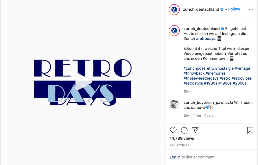 Nostalgie Marketing von Zurich Deutschland auf Instagram