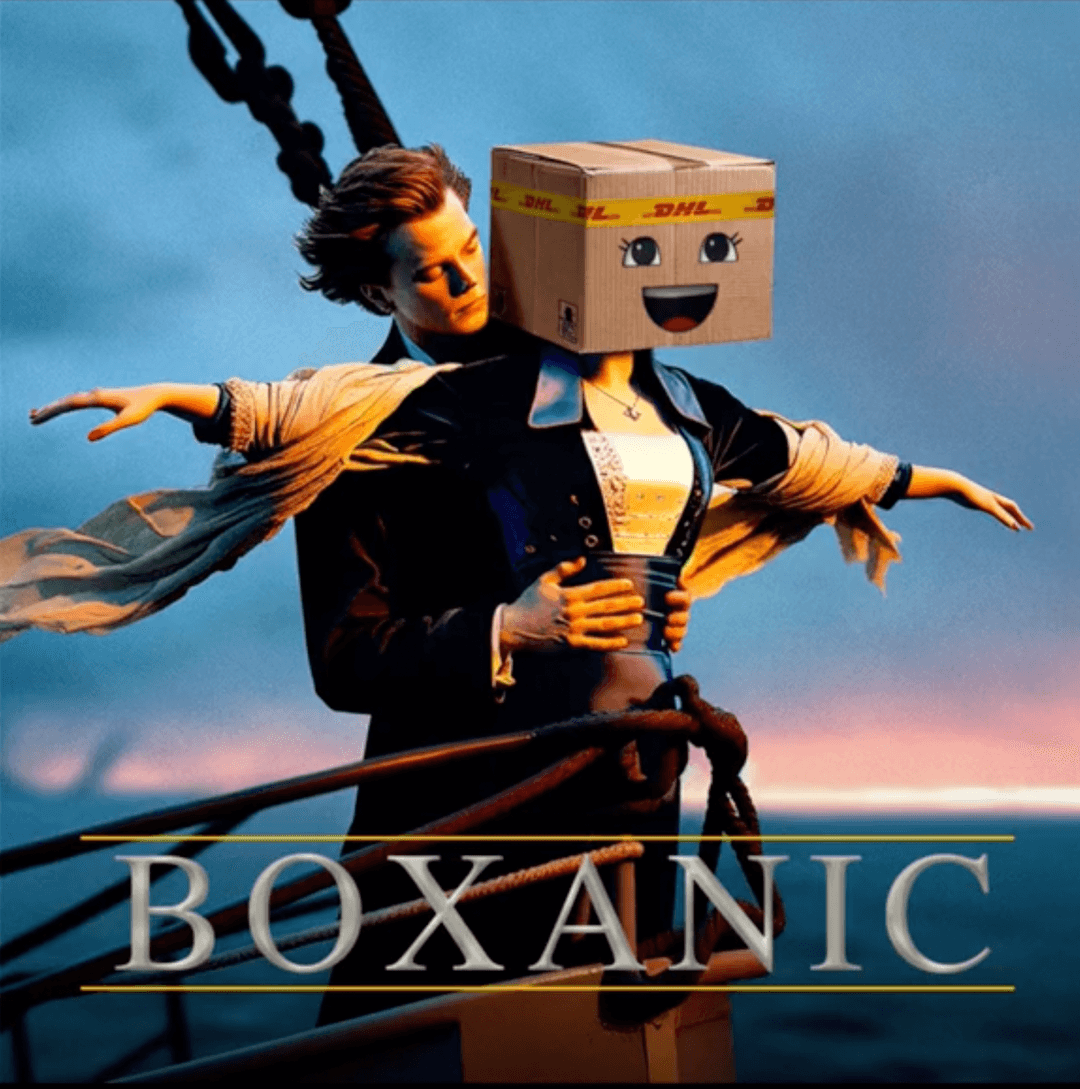 Tik-Tok Video-Kampagne für DHL eCommerce: Nachgeamtes Kinoplakat für den Film Titanic mit Boxie als Kopf der Hauptdarstellerin am Bug des Schiffes.