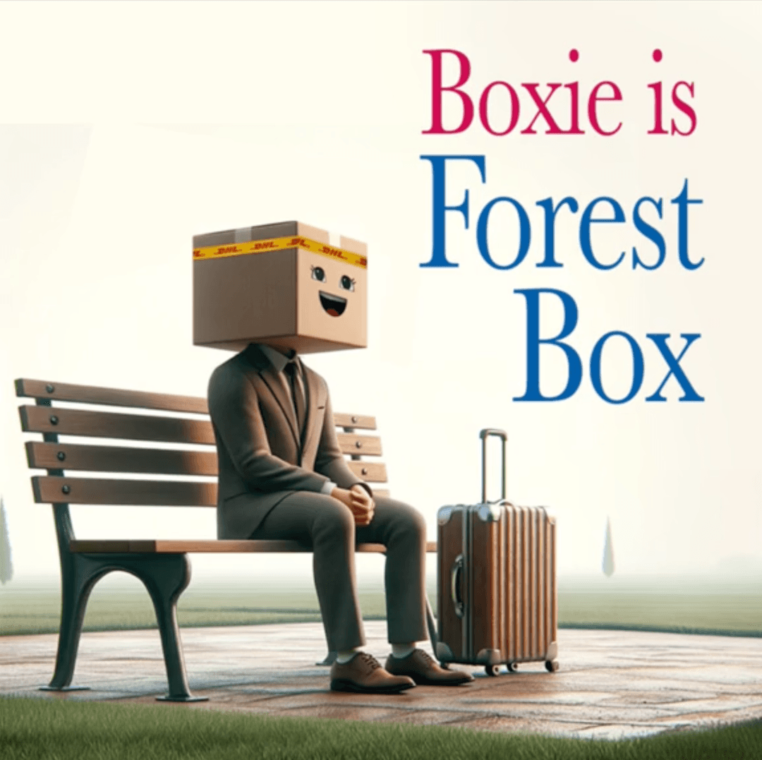 Tik-Tok Video-Kampagne für DHL eCommerce: Nachgeamtes Kinoplakat für den Film  Forrest Gump mit Boxie als Kopf des Helden Forrest Gump, auf einer Bank sitzend.