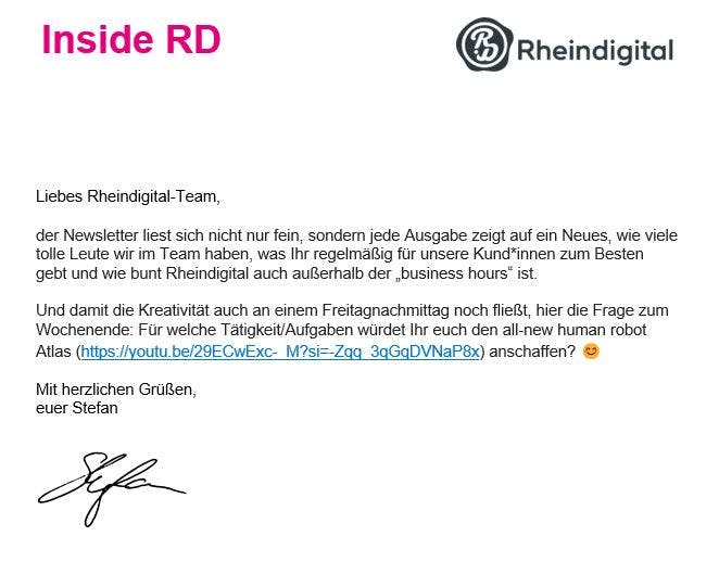 Der Mitarbeiter-Newsletter von Rheindigital: Die persönliche Einleitung des Agenturchefs drückt Wertschätzung aus und ruft gleichzeitig zur Interaktivität auf.
