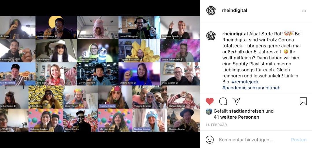 Screenshot der Karnevals Videokonferenz mit dem verkleideten Rheindigital Team