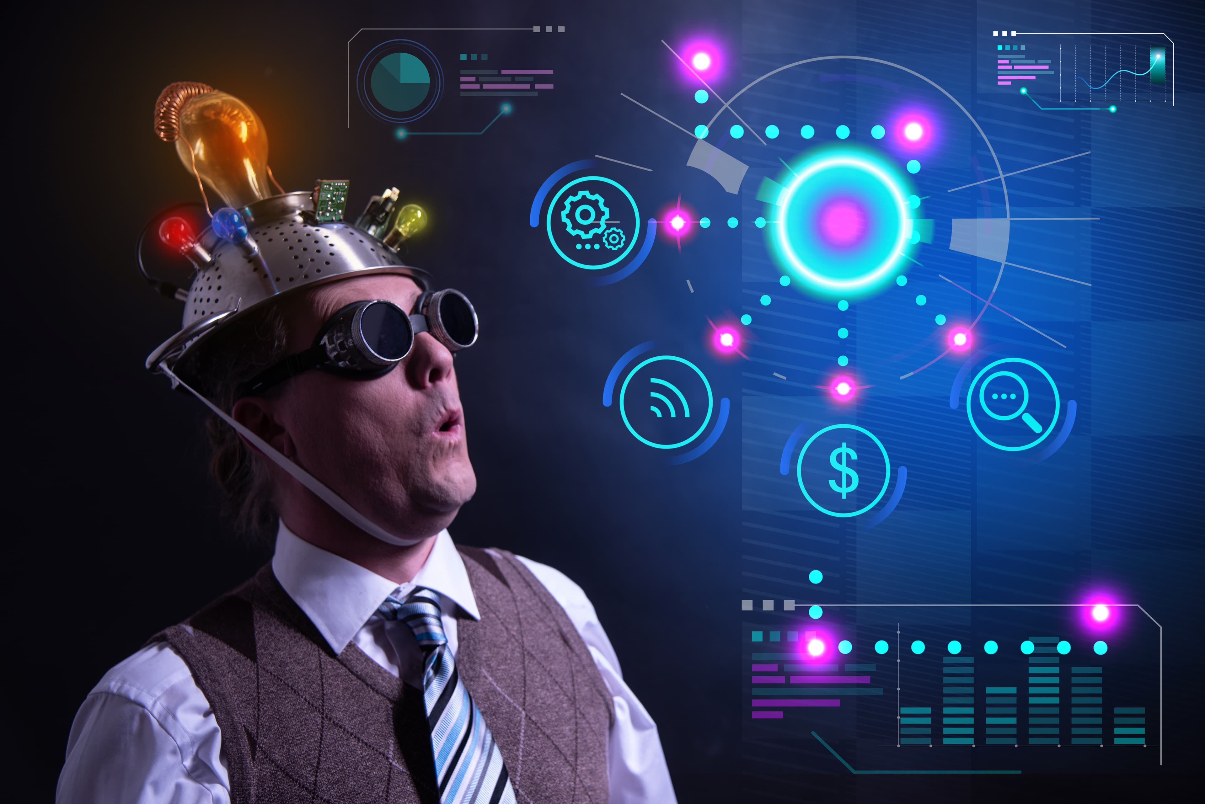 Künstliche Intelligenz Mann mit Partyhut und dem Blick in eine grafisch abstrakte Darstellung von KI