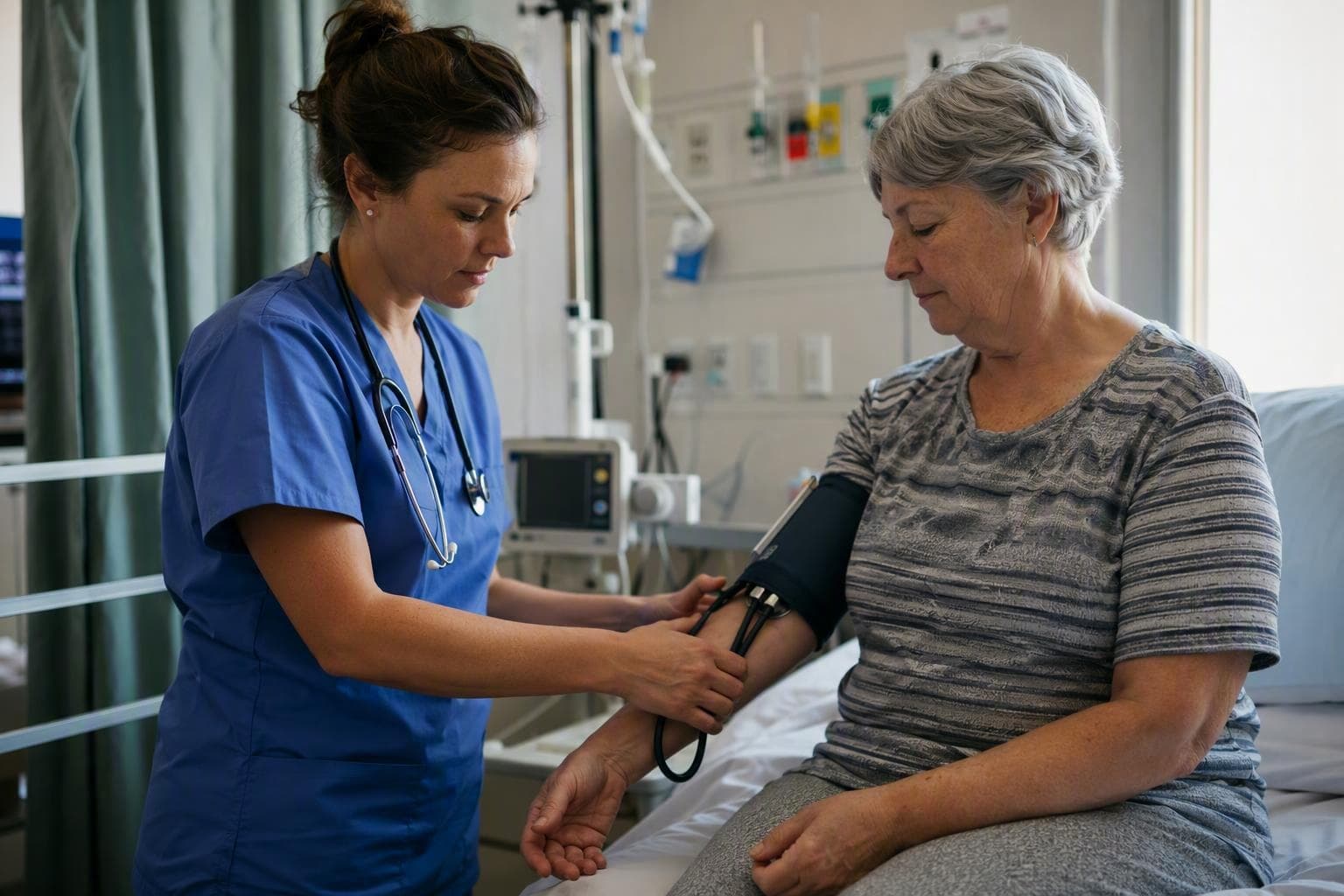 Pflegefachperson misst Blutdruck eines Patienten im Krankenhaus – employer branding kampagnen im Gesundheitswesen