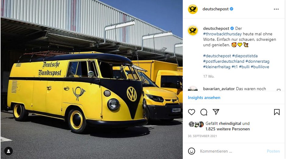 Ein Posting der Deutschen Post zum Throwback Thursday mit einem alten gelben VW-Bus der Deutschen Bundespost. 