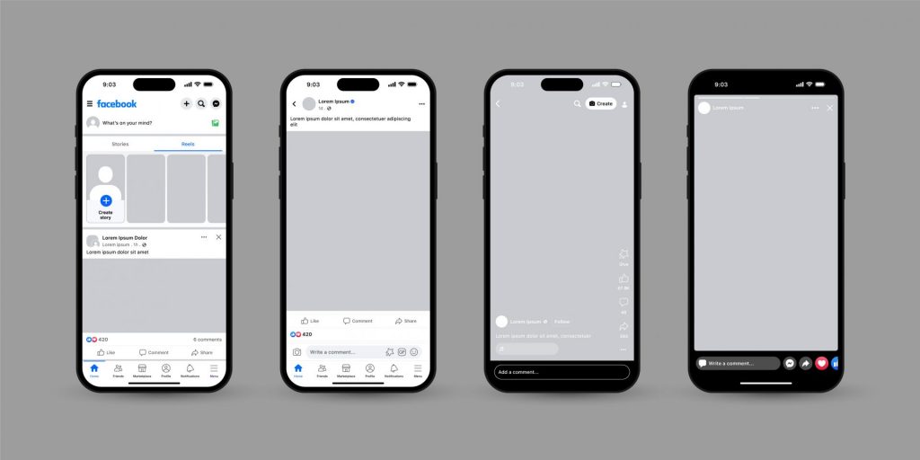 Das Bild zeigt vier Displays eines Smartphones mit vier verschiedenen Bildformaten für Postings auf Facebook