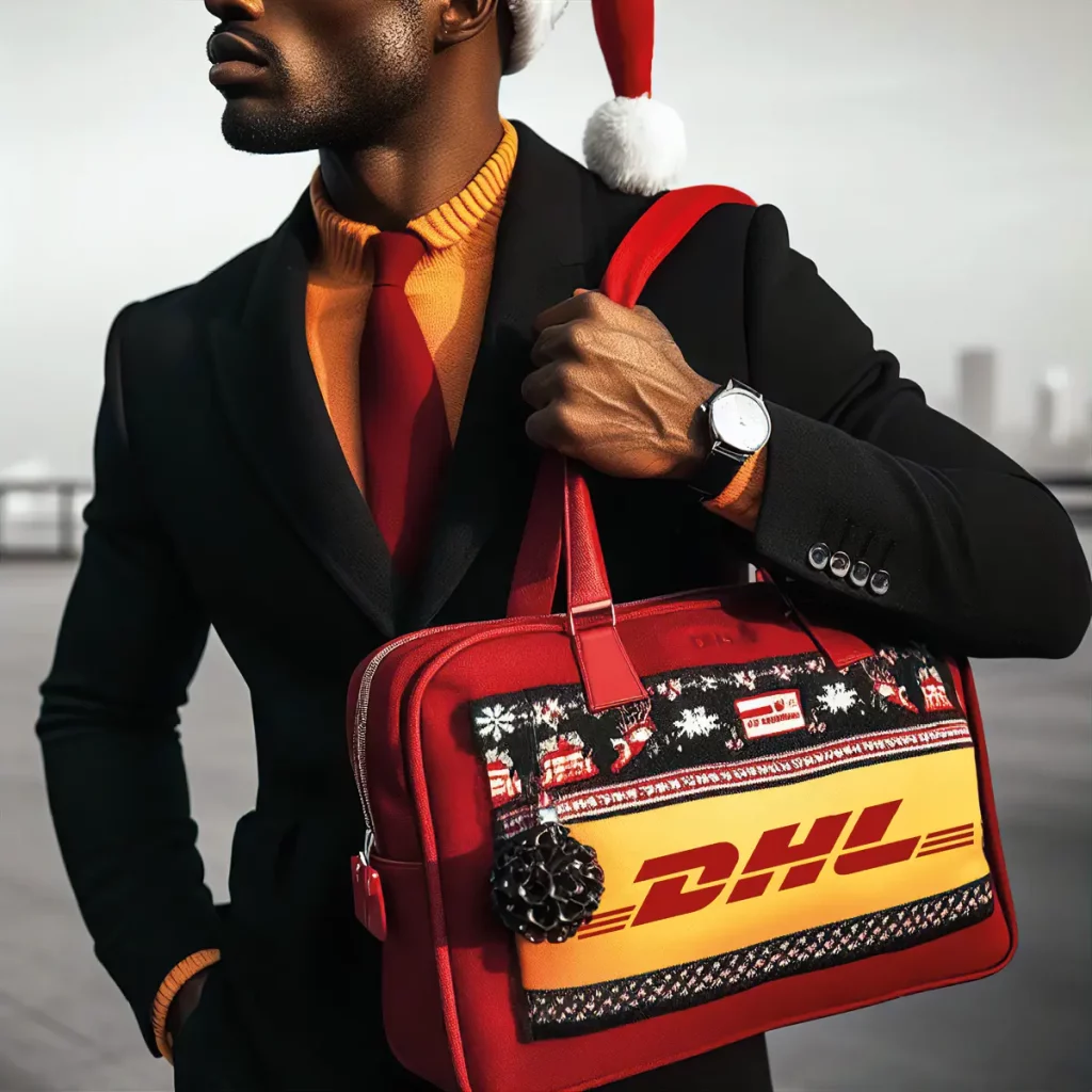 Ein Mann, trägt ein Shirt, eine Krawatte in den DHL Farben Gelb, Rot und Schwarz. Auf seiner roten Umhängetasche ist das DHL Logo groß zu sehen.