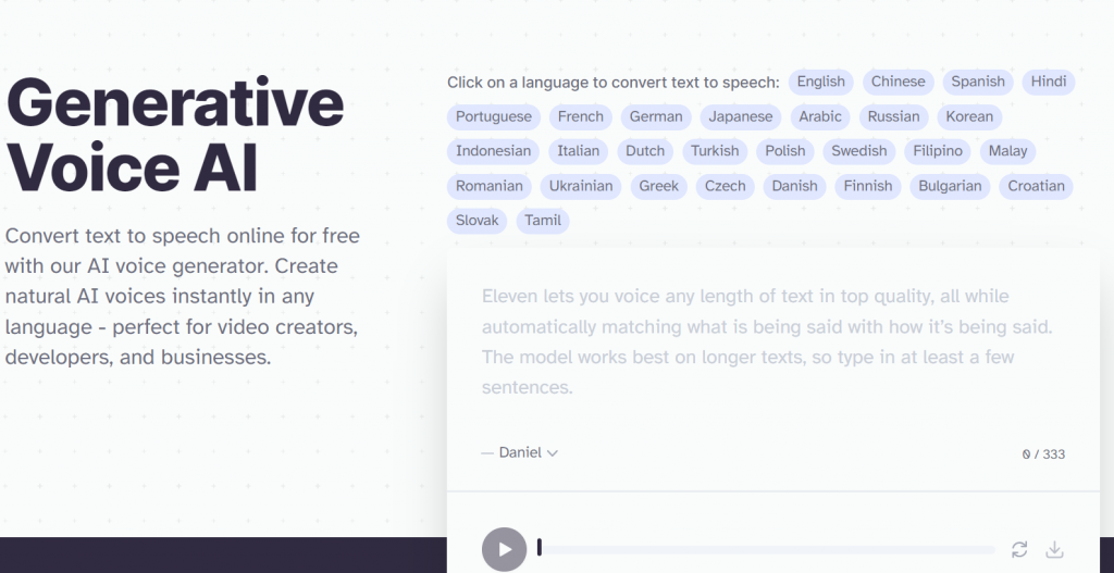 Ein Screenshot der Software ElevenLabs zeigt etliche Felder mit Sprachen, die ausgewählt werden können.