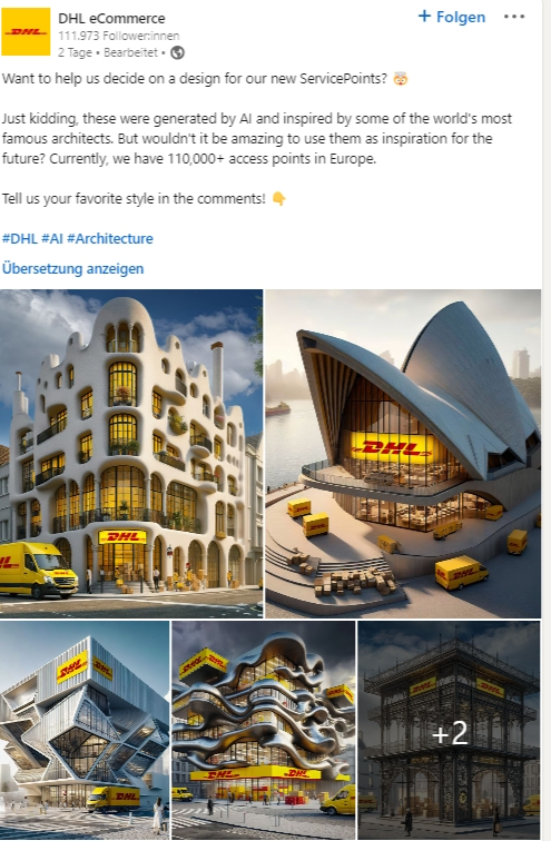 Das Posting von DHL eCommerce auf LinkedIn zeigt einige weltbekannte Gebäude, die mit KI so bearbeitet wurden, dass sie in DHL Farben zu sehen sind mit DHL Logo.